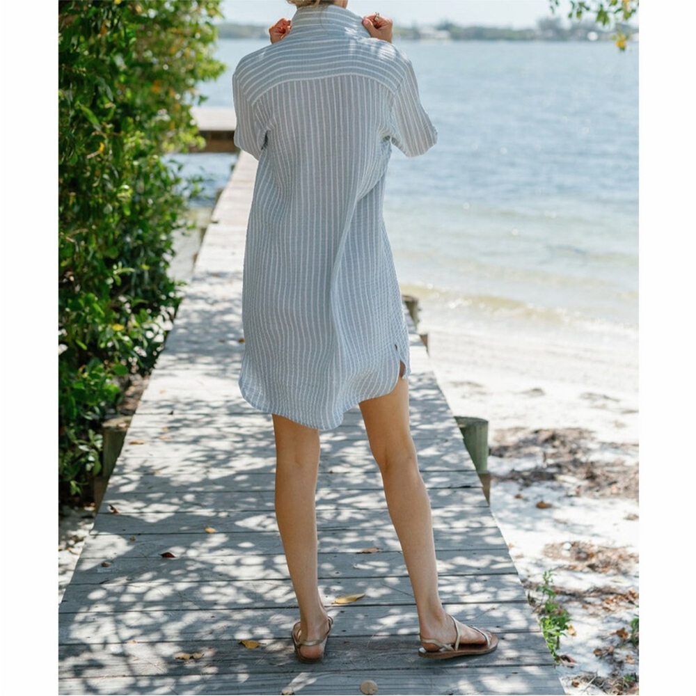 Alice Walk Blue White Striped Organic Cotton Gauze Tunic Shirt Dress Size S - Picture 2 of 6